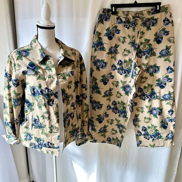 Sag Harbor Sport Women Jacket & Pants Outfit Set Tan Blue Roses Floral Sz Large - Picture 1 of 7